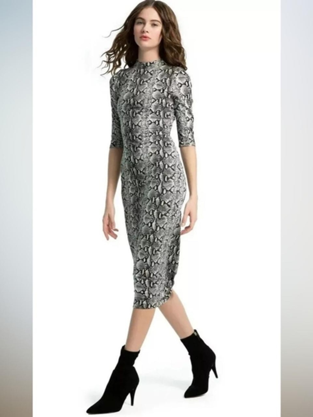 Alice + Olivia Delora Black & Gray Snake Print Midi Dress, 3/4 sleeve, sz 8